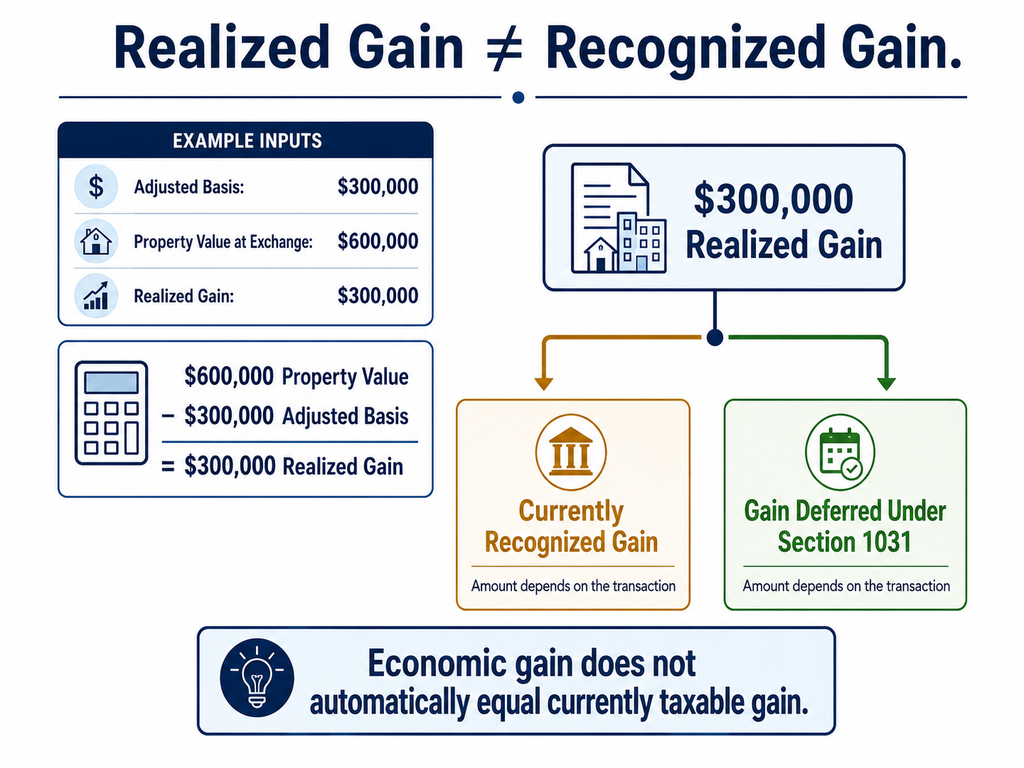 Comparison of realized gain and currently recognized gain in a qualifying like-kind exchange