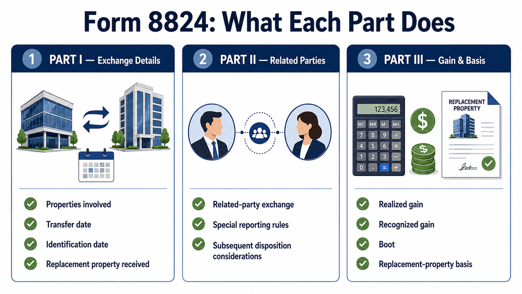 Form 8824 infographic showing property details, related-party reporting, and gain and basis calculations